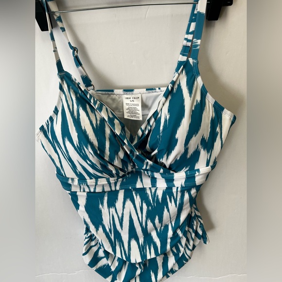 ANNE COLE TEAL & WHITE SIZE LARGE PATTERNED TANKINI PADDED WITH UNDERWIRES. NWOT - Picture 3 of 8